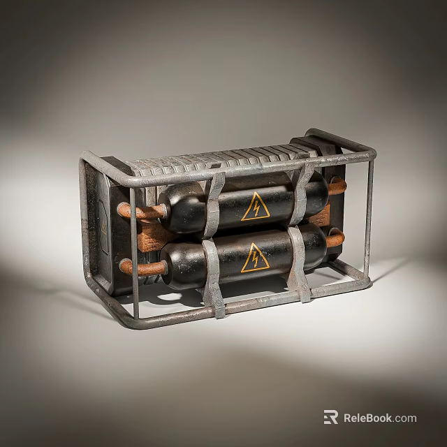 Fire Equipment with Metal Frame and Two Black Cylinders Featuring Yellow Triangular Signs 3d model