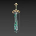 Ornate Fantasy Sword With Golden Hilt Crossguard Green Gem And Blue Glowing Patterns