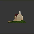 Cute Model House With Red Tiled Roof Chimney Arched Door Wooden Fence On Green Grass
