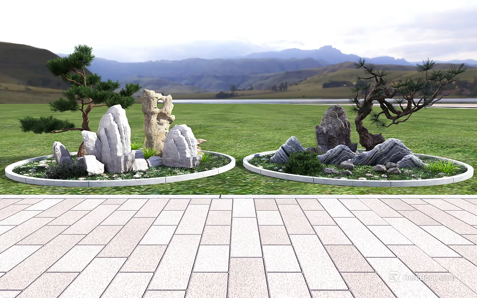 Courtyard Garden Design With Stone Pavement Circular Lawns Rock Formations And Pine Trees 3d model 