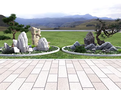 Courtyard Garden Design With Stone Pavement Circular Lawns Rock Formations And Pine Trees 3d model