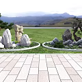 Courtyard Garden Design With Stone Pavement Circular Lawns Rock Formations And Pine Trees