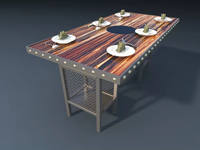 Rustic Wooden Dining Table With Edge Lighting White Plates Green Garnishes And Metal Mesh Legs 3d model