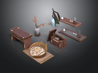 Traditional Chinese Living Supplies With Tea Tray Table Vase And Cushion 3d model