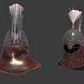 Medieval Helmets With Metallic Construction Brown Leather Riveted Details And Plume Decoration