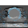 Futuristic Scene With Glowing Blue Circular Ring Square Frames Reflective Floor And Cloud Elements 3d model