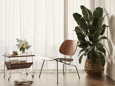 Modern Leisure Chair with Wooden Backrest Metal Legs and Large Green Plant Near Window 3d model