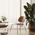 Modern Leisure Chair with Wooden Backrest Metal Legs and Large Green Plant Near Window