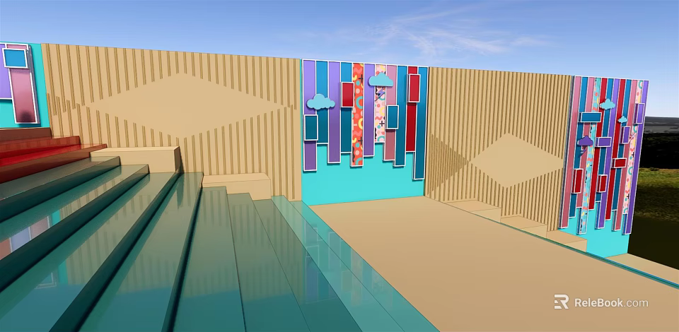 Modern Building Facade Wall Featuring Geometric Patterns Colorful Decorations Steps and Floor Reflections 3d model