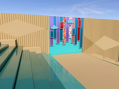 Modern Building Facade Wall Featuring Geometric Patterns Colorful Decorations Steps and Floor Reflections 3d model