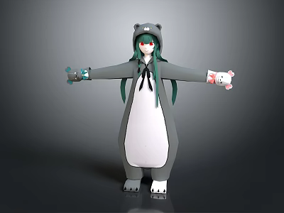 Gray Hooded Game and Movie Character With Long Green Hair Red Eyes Plush Arm Toys 3d model