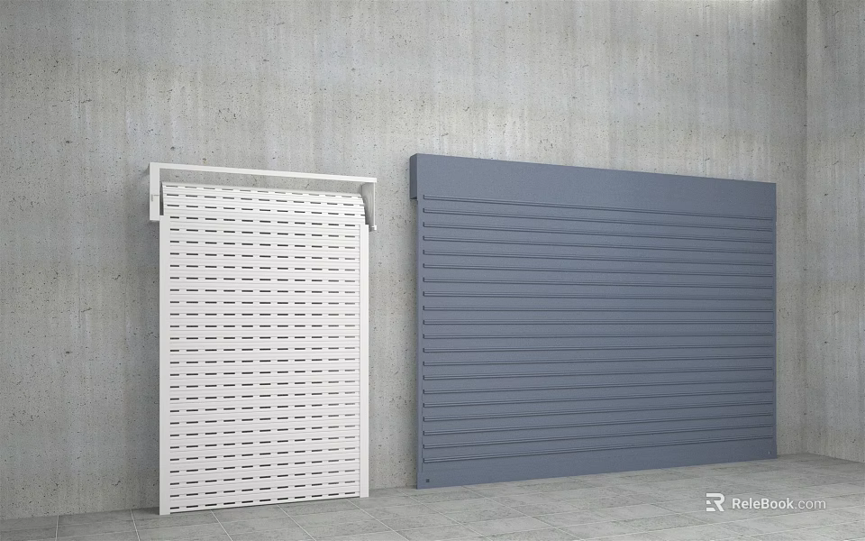 Perforated White and Smooth Blue Roller Doors Against Concrete Wall Exterior 3d model 