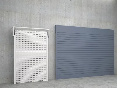 Perforated White and Smooth Blue Roller Doors Against Concrete Wall Exterior 3d model