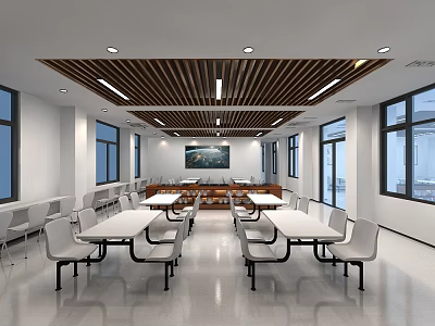 Modern Spacious Dining Hall With White Tables Chairs Wooden Ceiling Large Windows 3d model