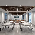 Modern Spacious Dining Hall With White Tables Chairs Wooden Ceiling Large Windows