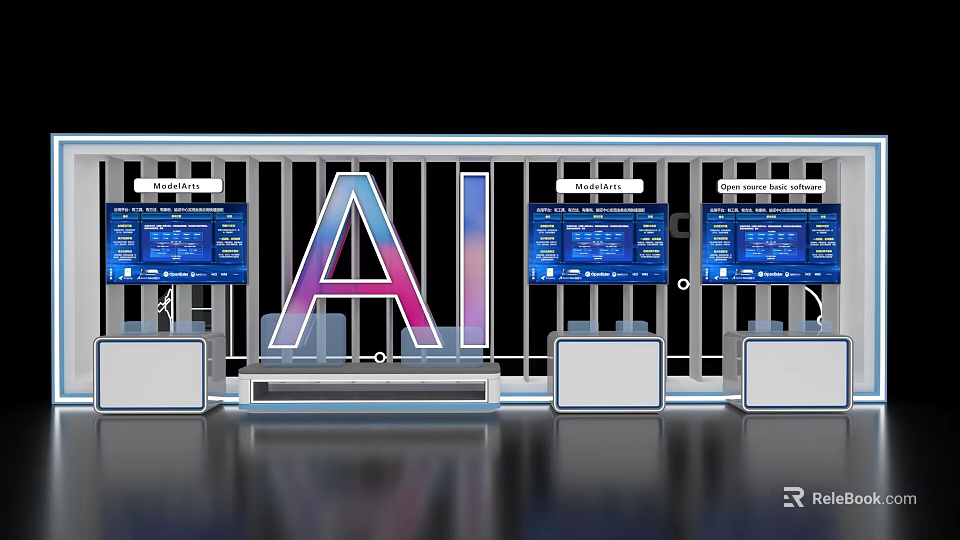 AI Themed Exhibition Island With Digital Screens And Information Displays 3d model 