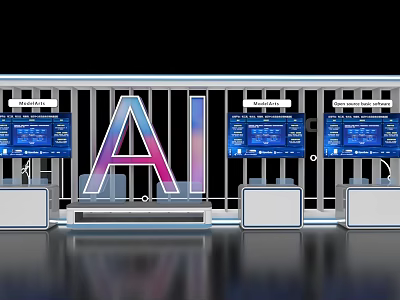 AI Themed Exhibition Island With Digital Screens And Information Displays 3d model