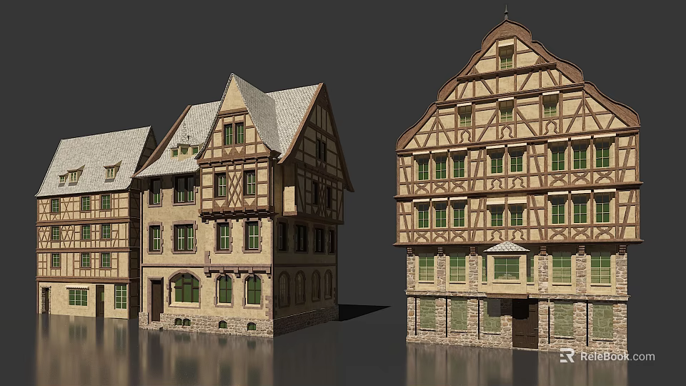 Traditional European Architecture With Timber Framed Facades Green Windows And Gabled Roofs 3d model 