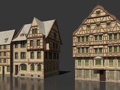 Traditional European Architecture With Timber Framed Facades Green Windows And Gabled Roofs 3d model