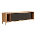 Sleek Modern Wooden TV Stand With Black Mesh Doors And Open Storage Shelves