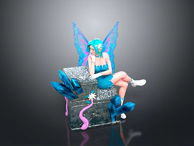 Blue Haired Fairy Figurine Sitting On Decorative Box With Blue Wings And Feathers 3d model