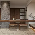 Hotel Public Lounge Area With Wooden Walls Stone Floor And Wall Mounted Lights