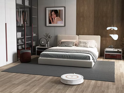 Modern Bedroom Interior Design With Bed Nightstand Wardrobe And Robot Vacuum 3d model