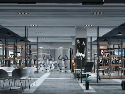 Modern Spacious Bright Gym Interior With Fitness Equipment Treadmills Dumbbells Chairs And Tables 3d model