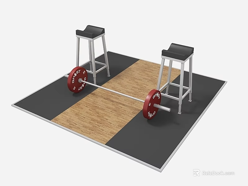 Home Gym Setup With Barbell Red Weights Two Black Stools And Exercise Mat 3d model 