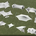 Various Outdoor Tensile Membrane Structures With Different Designs On Green Grass 3d model