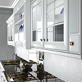 Modern White Kitchen Cabinets With Marble Countertop And Glass Door Design