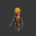 Orange Robot Character With Antenna Large Eye Mechanical Arms And Unicycle Base