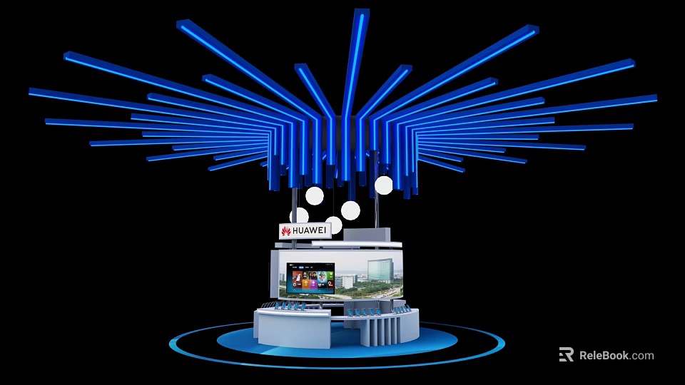 HUAWEI Exhibition Island With Blue Lighting Circular Decorations And TV Screen 3d model 