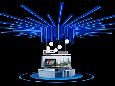 HUAWEI Exhibition Island With Blue Lighting Circular Decorations And TV Screen 3d model