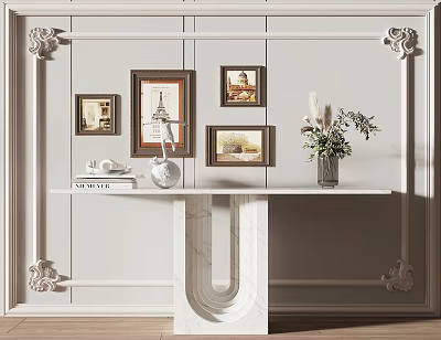 Elegant Console Table With Marble Top And Decorations On Decorative Wall With Framed Paintings 3d model