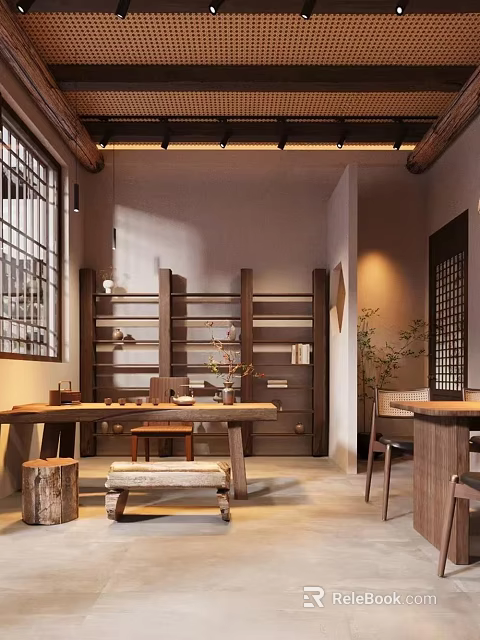 Traditional Teahouse Interior Design With Wooden Shelves Tables And Warm Lighting 3d model 