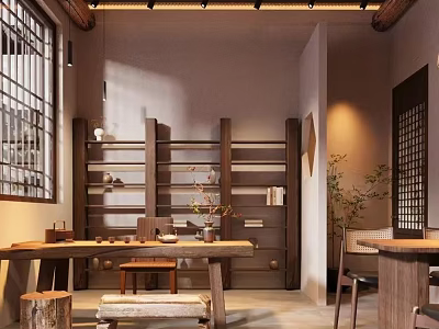 Traditional Teahouse Interior Design With Wooden Shelves Tables And Warm Lighting 3d model