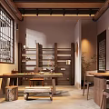 Traditional Teahouse Interior Design With Wooden Shelves Tables And Warm Lighting