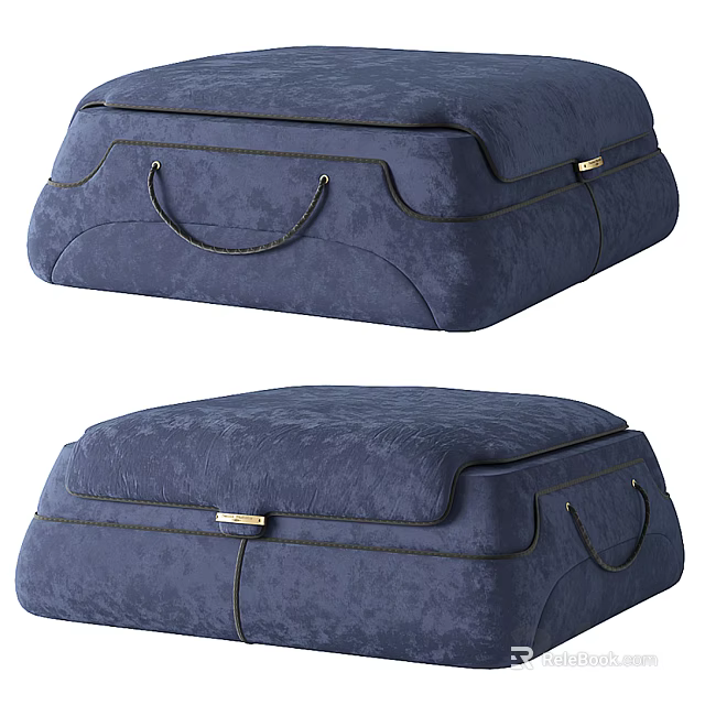 Navy Blue Fabric Ottoman With Carry Handles And Stitched Details For Living Room 3d model 