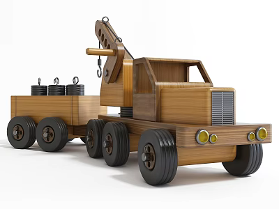 Electric Toy Wooden Crane Truck with Trailer Black Wheels and Yellow Headlights 3d model