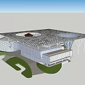 Modern Architectural Building With Unique Reticulated Roof Structure Water Reflection And Cloudy Sky Public Venue