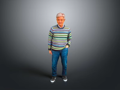 Elderly Man Wearing Striped Sweater And Blue Jeans Standing Against Gray Background 3d model