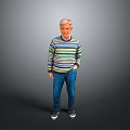 Elderly Man Wearing Striped Sweater And Blue Jeans Standing Against Gray Background