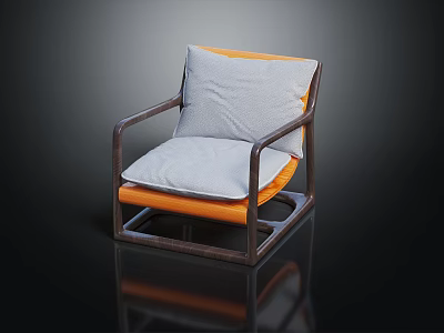 Modern Leisure Chair With Wooden Frame Armrests Orange Cushion And Light Gray Textured Backrest 3d model