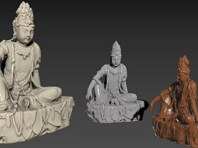 Intricately Carved Seated Buddha Sculptures With Detailed Robes And Headdress 3d model