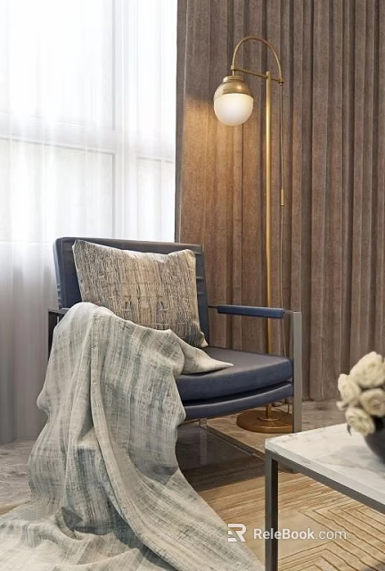 Cozy Navy Blue Leisure Chair With Armrests Patterned Pillow And Throw Blanket 3d model 