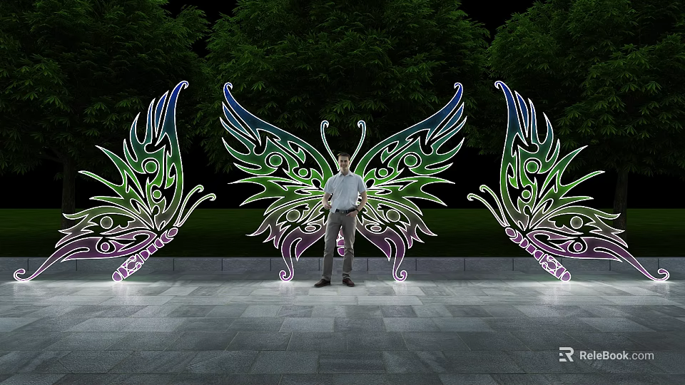 Photo Check In Spot With Butterfly Shaped Illuminated Decorations Night Green Trees And Stone Path 3d model 