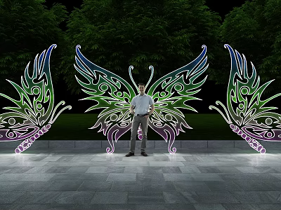 Photo Check In Spot With Butterfly Shaped Illuminated Decorations Night Green Trees And Stone Path 3d model