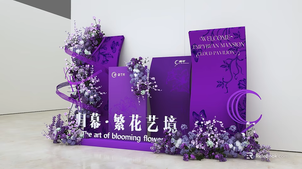 Elegant Purple Themed Floral Art Display with Blooming Flowers and Decorative Panels 3d model 