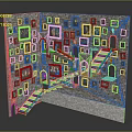 Multi Level Artistic Building Interior With Frame Covered Walls And Intricate Staircases